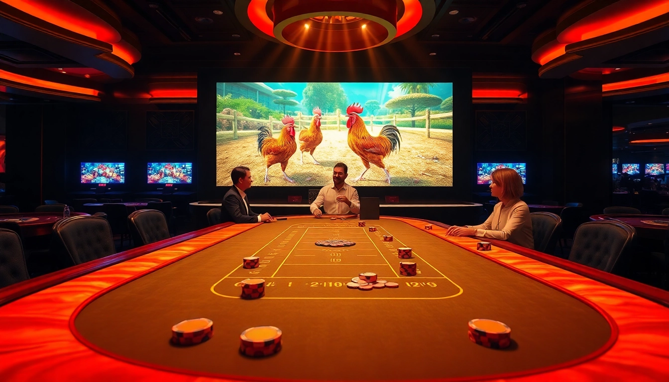 Exciting scene of đá gà xn88 betting at a luxurious casino table with vibrant visuals.