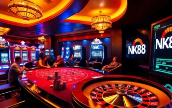Engaging players at the NK88 casino table with vibrant slot machines and roulette excitement.