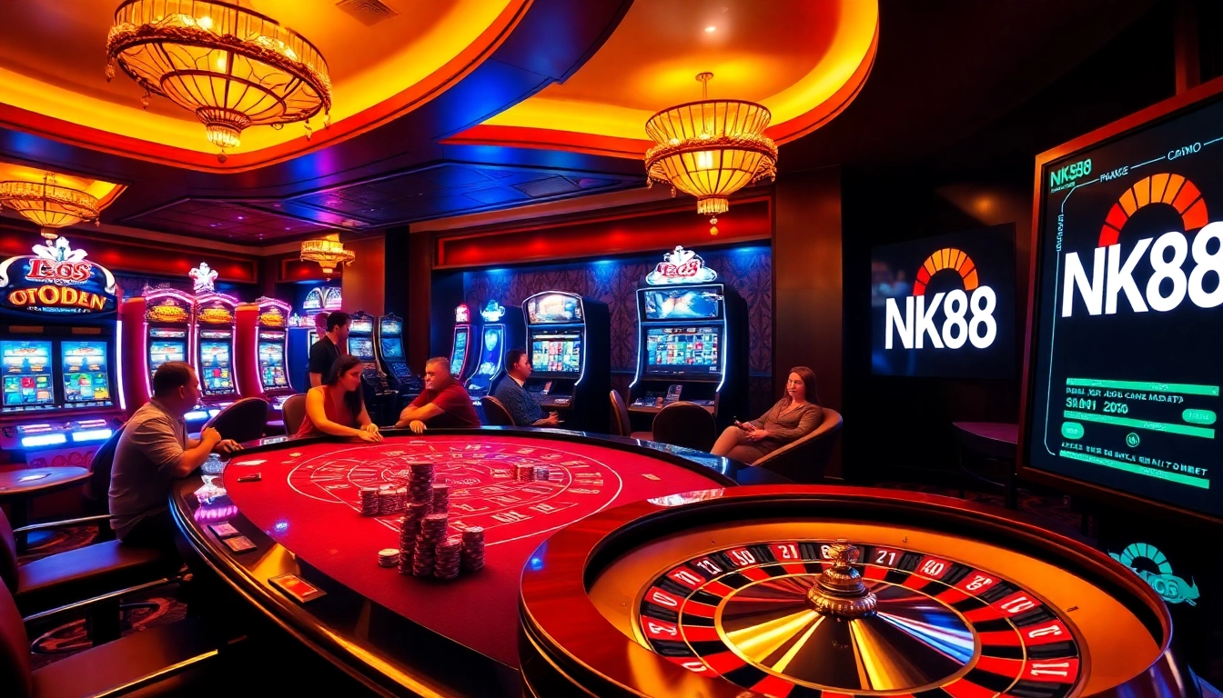 Engaging players at the NK88 casino table with vibrant slot machines and roulette excitement.