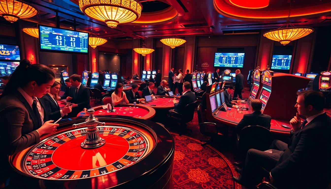 Kèo nhà cái 5 showcased in an exciting gambling scene with roulette, poker, and sports betting elements.