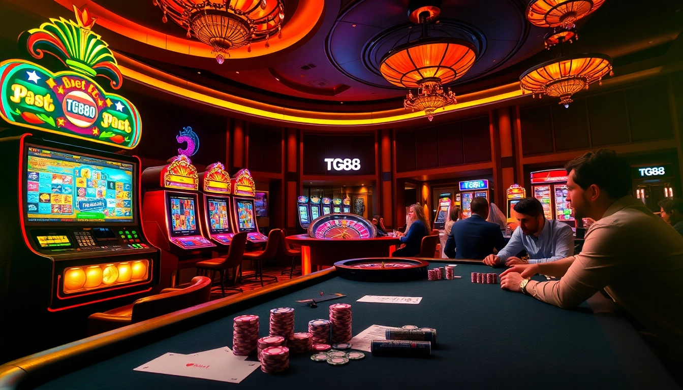Exciting casino scene showcasing TG88 with players at a poker table and vibrant slot machines.
