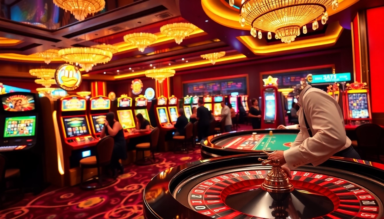 Experience thrilling gaming action at Bay789 with roulette and poker tables in a modern casino setting.