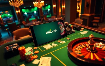 Experience the thrill of gambling at Rikvip with a vibrant casino table showcasing cards and chips.