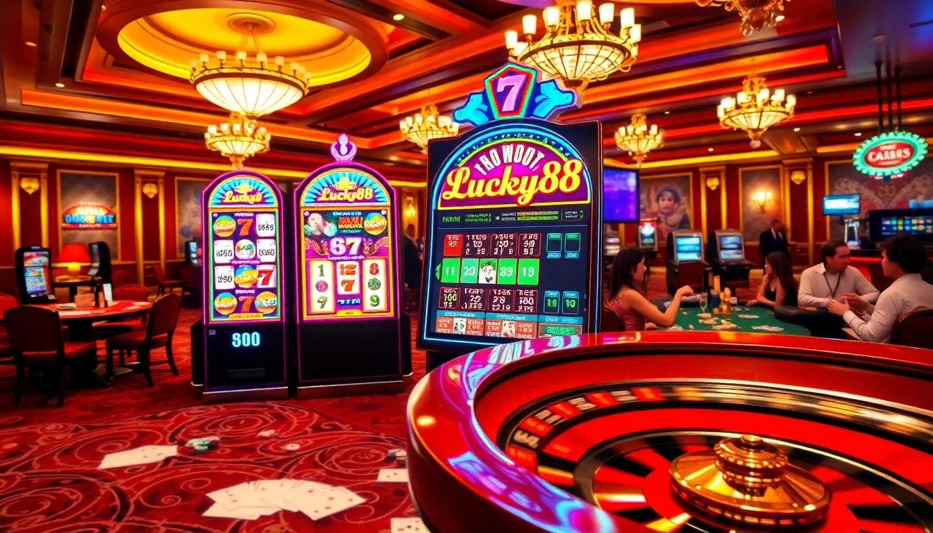 Experience the excitement at the Lucky88 slot machine amidst a luxurious casino setting.