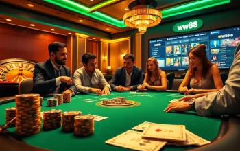 Experience the excitement of ww88 with vibrant casino scenes featuring poker tables and roulette wheels.