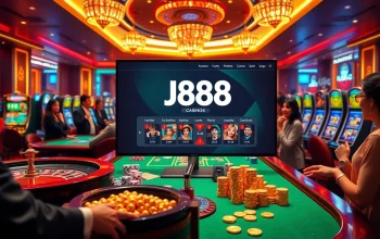 Experience the vibrant atmosphere of J88 casino with roulette, poker chips, and exciting slot machines.