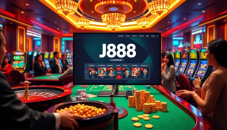 Experience the vibrant atmosphere of J88 casino with roulette, poker chips, and exciting slot machines.