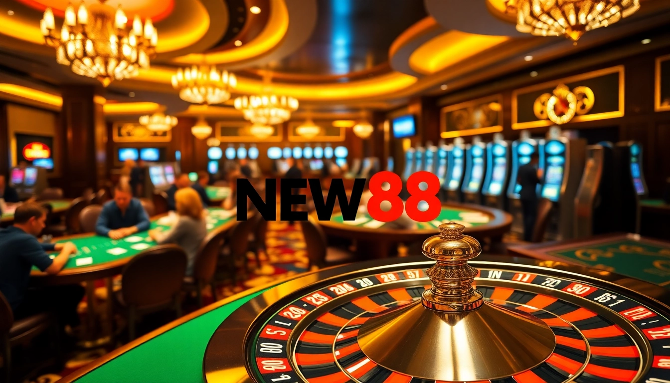 Experience the excitement of NEW88 at a vibrant casino featuring roulette and poker tables.