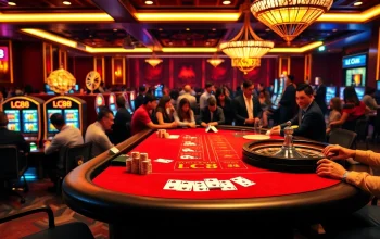 Players enjoying an exciting LC88 casino experience with vibrant poker chips and bright slot machines.