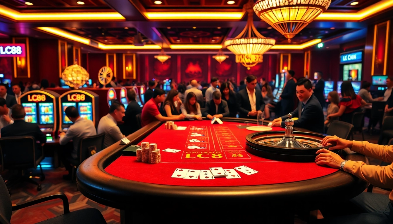 Players enjoying an exciting LC88 casino experience with vibrant poker chips and bright slot machines.