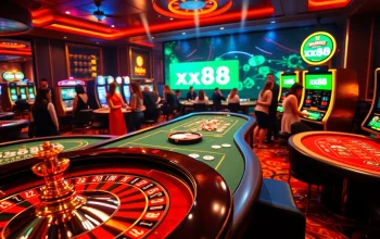 Players enjoying games at a vibrant casino featuring the exciting xx88 brand, with roulette and poker tables.