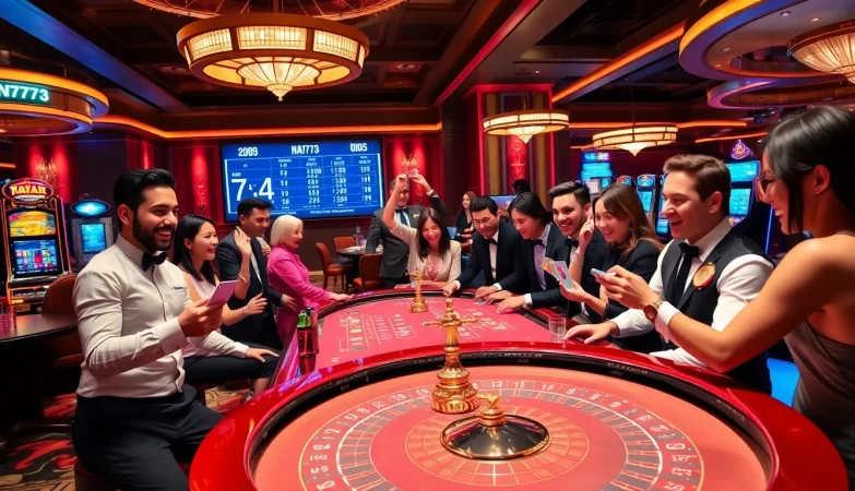 Experience the excitement of NA777 with vibrant casino tables, dealers, and players celebrating wins.