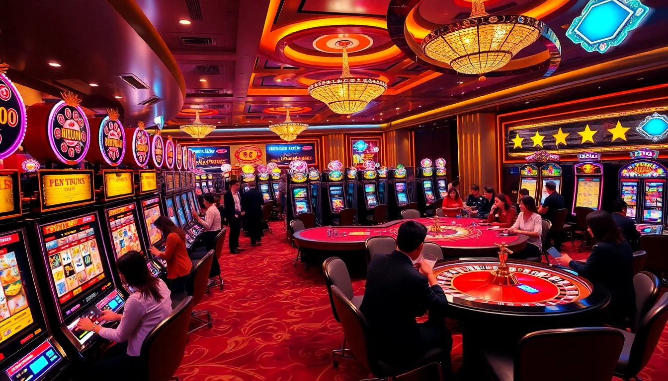 Nổ Hũ Đổi Thưởng players celebrate wins at a vibrant casino scene with slot machines and poker tables.