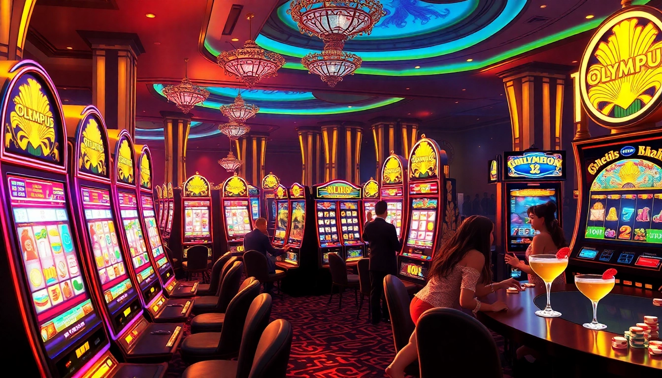 Excited players engaging with the vibrant slot olympus machines in a luxurious casino setting.