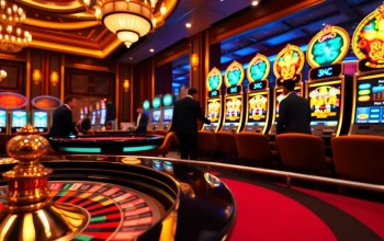 Experience the raja luck excitement at a luxurious casino with vibrant gaming tables.
