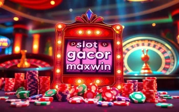Putar mesin slot gacor maxwin yang berwarna-warni dikelilingi oleh chip berwarna di suasana kasino yang elegan.