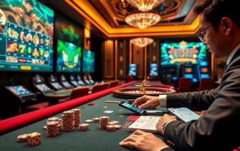 Professional dealer handling cards and chips in a Nhà cái uy tín casino environment with live betting screens