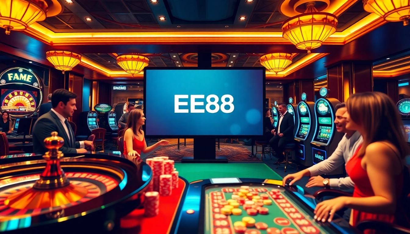 Experience the excitement of online gambling with EE88's vibrant casino scene, featuring roulette wheels and slot machines.