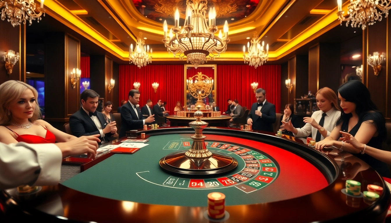 Permainan dewabet dengan pemain bersemangat di meja roulette di kasino mewah