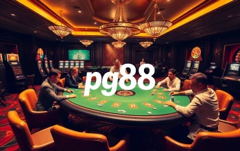 Gaming action at pg88 casino featuring poker table and vibrant players.