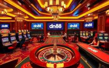 Engage in the thrilling casino atmosphere at dn88, featuring luxurious tables and vibrant slot machines.