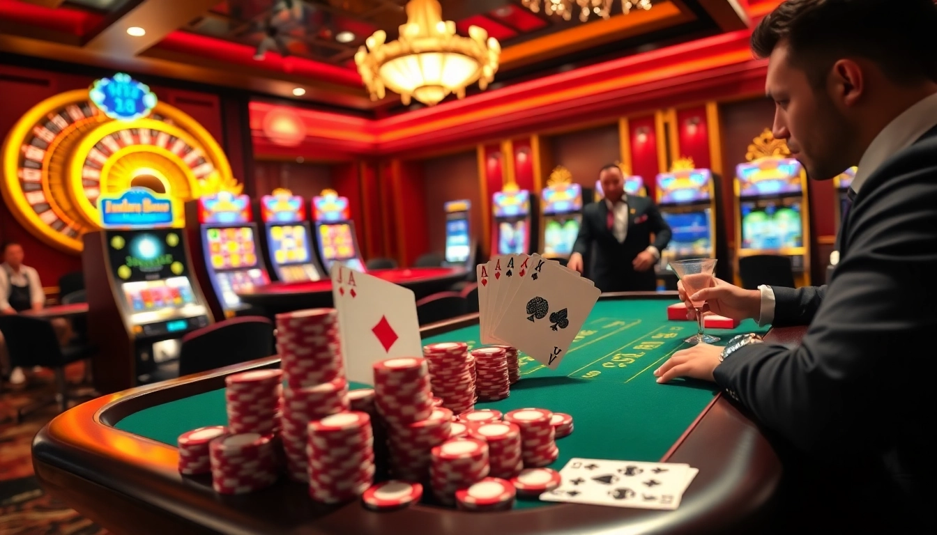 Players enjoying high-stakes poker at KP88 casino with a sparkling atmosphere.