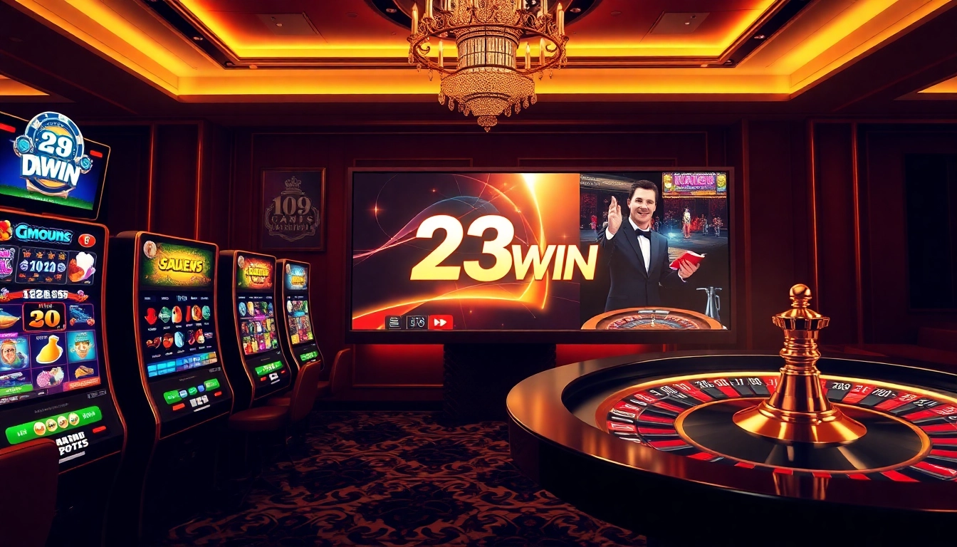 Engaging online gambling experience at 23win featuring slot machines and poker chips.