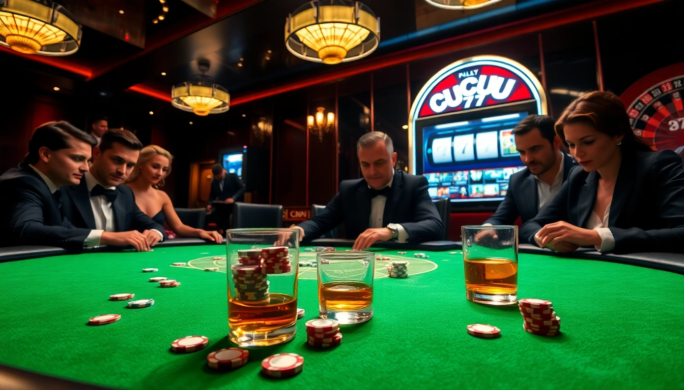 Players engage at a high-stakes table in a vibrant casino, showcasing cucu 777 and excitement.