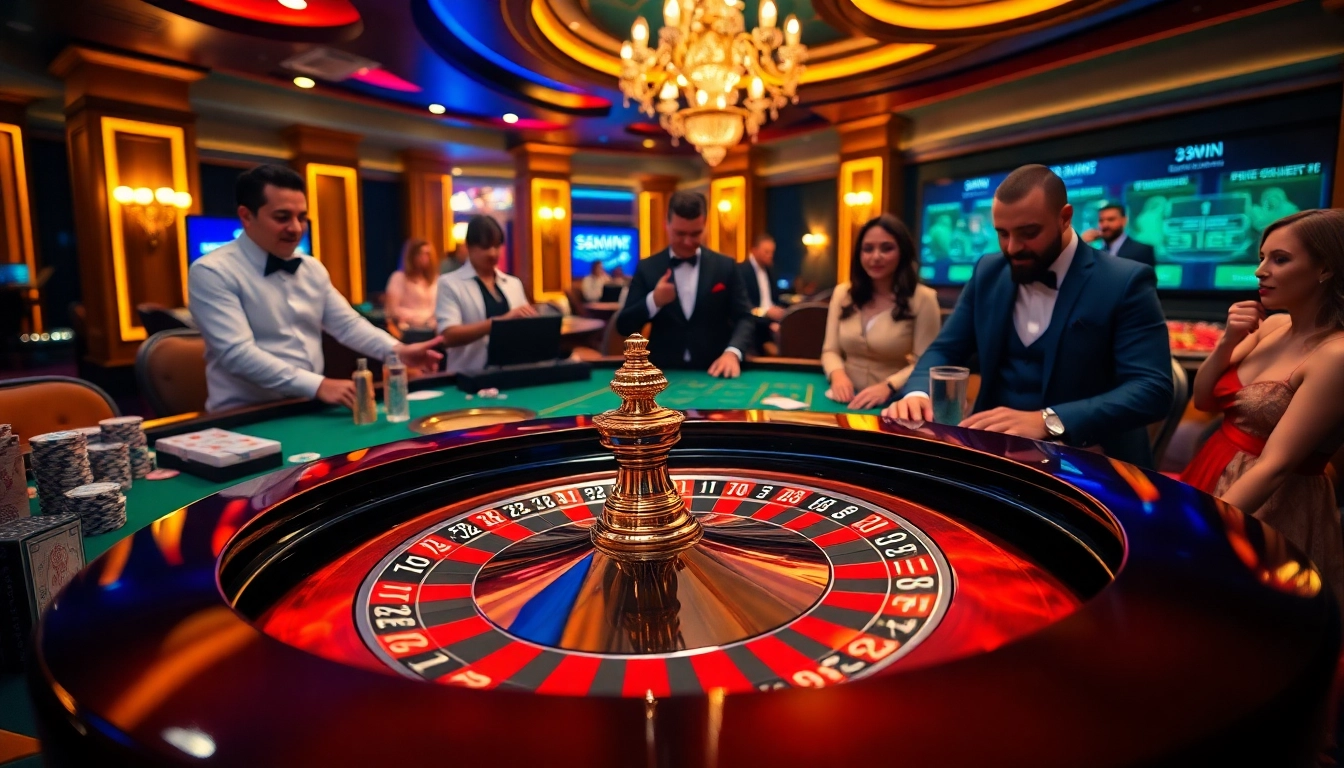 33win players enjoying an exciting game at a luxurious casino table with chips and cards.