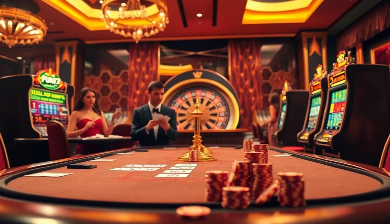Experience thrilling gameplay at fun79.com with vibrant casino visuals featuring poker and slot machines.