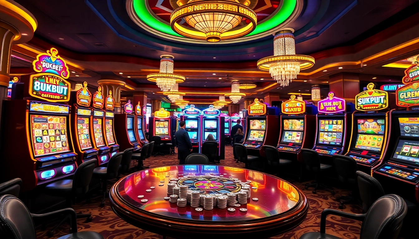 NỔ HŨ 8KBET game displayed prominently among colorful slot machines in a vibrant casino atmosphere