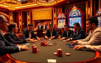 Thrilling poker game and elegant casino setting featuring leci123 elements and vibrant slot machine.