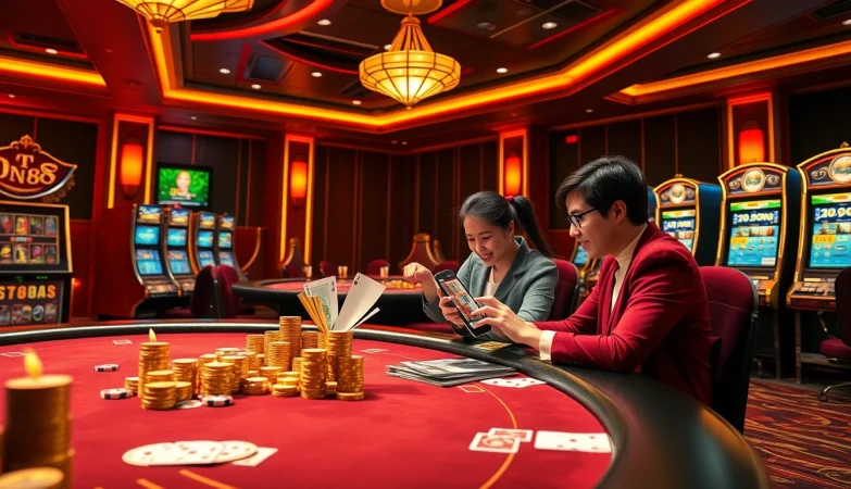 Experience excitement in online gambling with DN88 com featuring casino tables, poker chips, and vibrant scenes.