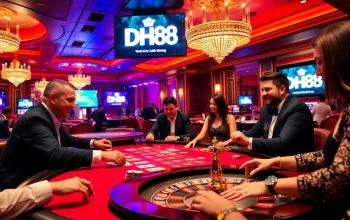 Experience the thrilling action at DH88 casino tables filled with poker chips and players capturing excitement.