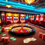 SODO Casino offers an exciting atmosphere with vibrant casino tables, poker chips, and slot machines.
