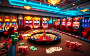 SODO Casino offers an exciting atmosphere with vibrant casino tables, poker chips, and slot machines.