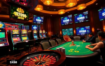 SX88 players engaging in a high-stakes poker game at a luxurious casino table, surrounded by vibrant slot machines.