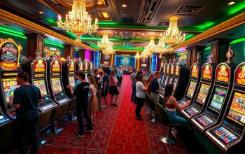 Players celebrating wins at vibrant slot machines in a luxury casino setup.