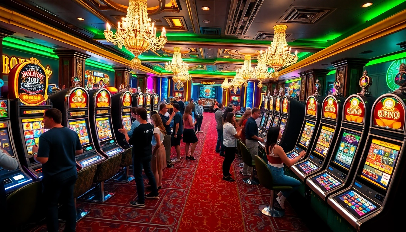 Players celebrating wins at vibrant slot machines in a luxury casino setup.