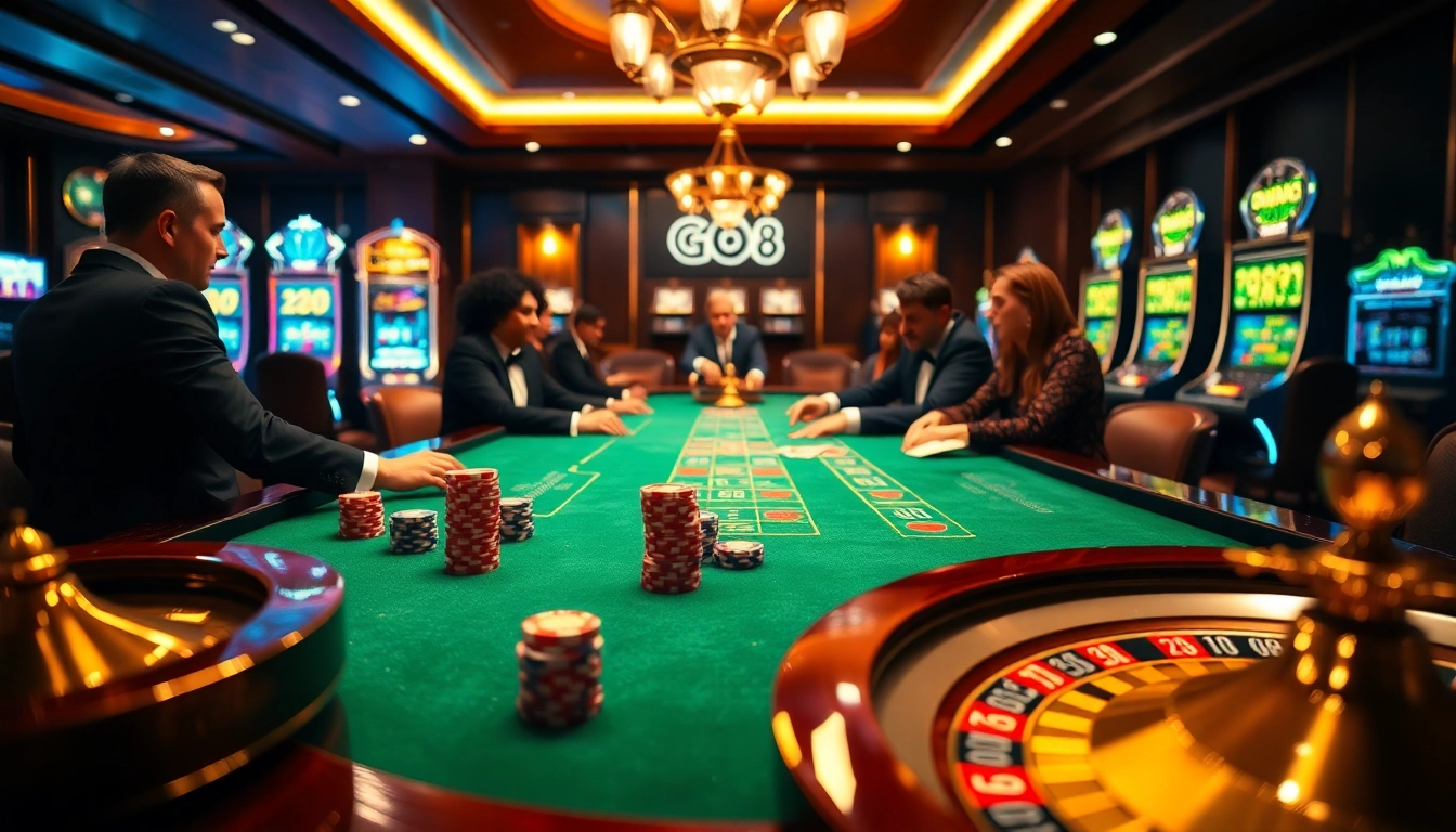 Players strategizing at a luxury gaming table in a casino, capturing the excitement of GO8.
