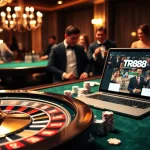 Playing casino games with TR88 platform displayed on a laptop amid poker chips and cards.