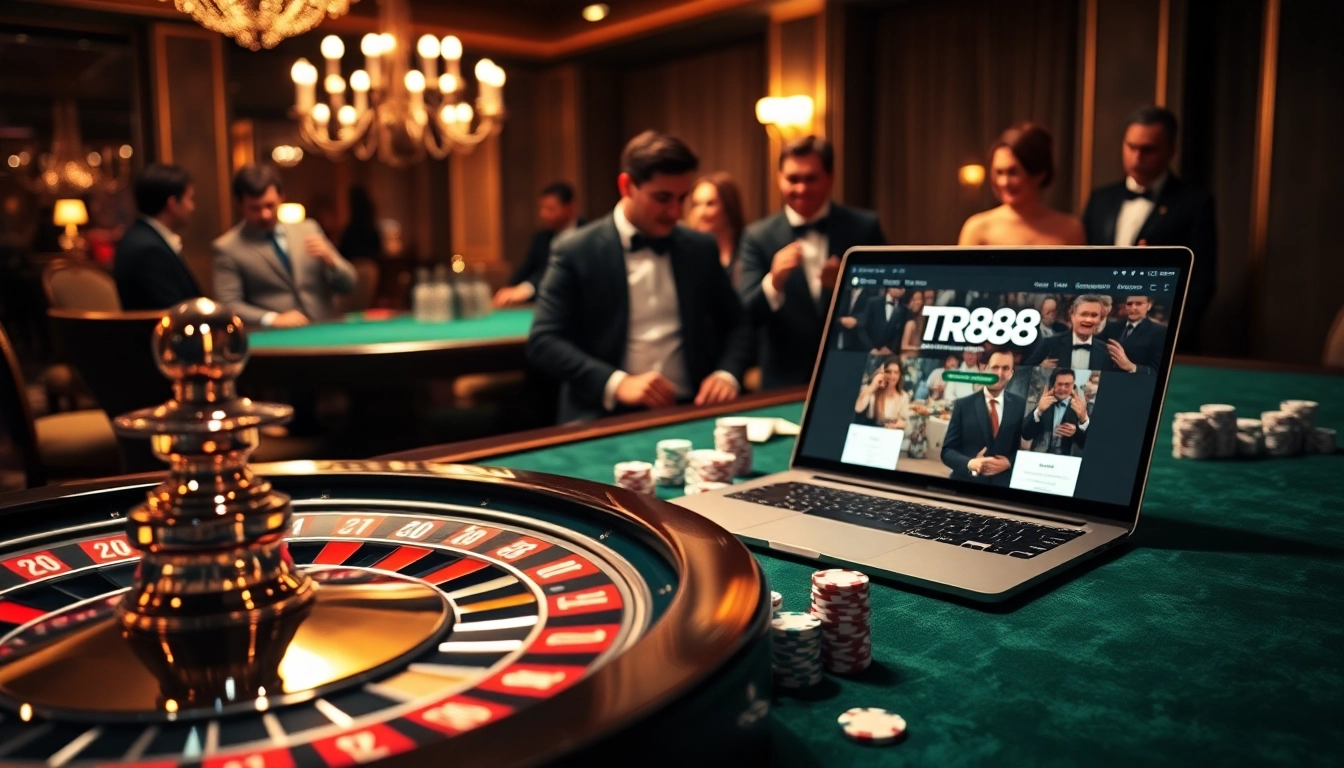 Playing casino games with TR88 platform displayed on a laptop amid poker chips and cards.