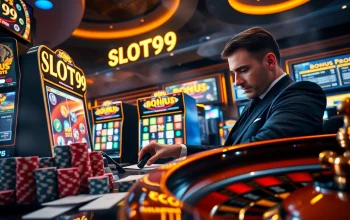 SLOT99 slot machine lever pulled by focused gambler amid vibrant casino chips and bonus screens
