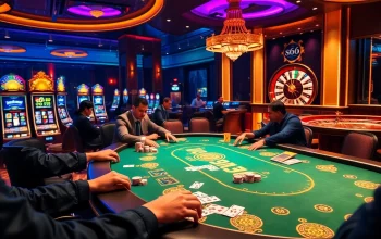 Players enjoying high-stakes poker at S666 casino, surrounded by vibrant slot machines and roulette wheels.