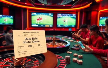 Betting on Judi Bola Piala Dunia 2029 in a luxurious casino setting with illuminated screens.