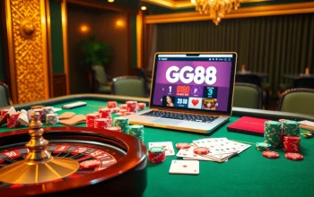 Action-packed gaming scene featuring the trang chủ gg88 platform with poker chips, cards, and a roulette wheel.
