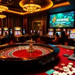 A vibrant casino scene with players betting at a roulette table and online gaming interface from https://kkwin.diy/ featured prominently.