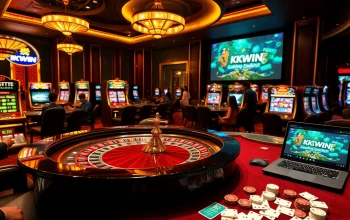 A vibrant casino scene with players betting at a roulette table and online gaming interface from https://kkwin.diy/ featured prominently.