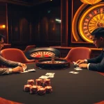 Players enjoy a thrilling poker game at Jun88's luxurious casino, surrounded by exciting gambling elements.