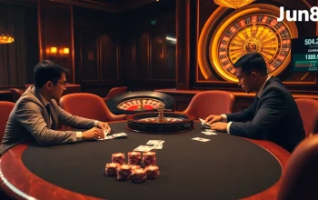 Players enjoy a thrilling poker game at Jun88's luxurious casino, surrounded by exciting gambling elements.